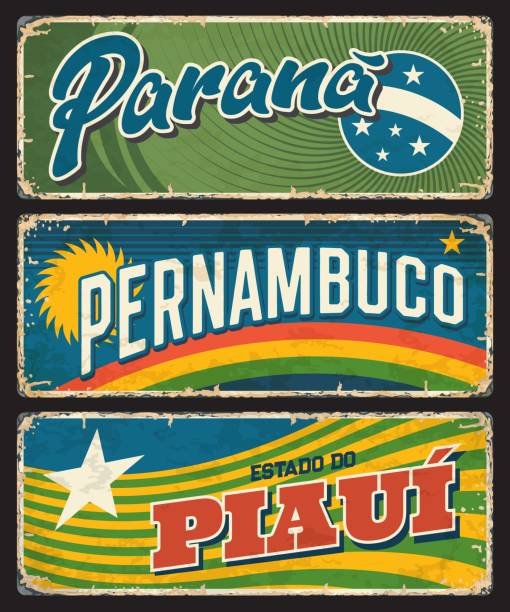 Brazil Parana, Piaui, Pernambuco metal sign plates Brazil metal signs of Parana, Piaui, Pernambuco states, vector plates with rusty tin grunge. Brazilian districts or Brasil estados metal rusty plates with city taglines, flags and landmarks motto stock illustrations