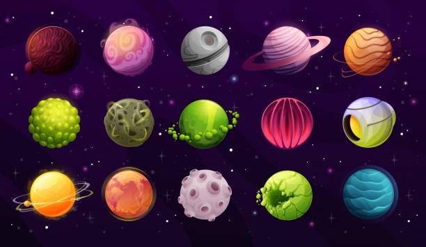 Fantastic planets, satellites, alien worlds icons Alien planets, galaxy fantasy worlds cartoon icons. Artificial planet, satellite with hot and rocky surface, extraterrestrial organism, star and fantastic spaceship vector. Game design elements alien planet stock illustrations