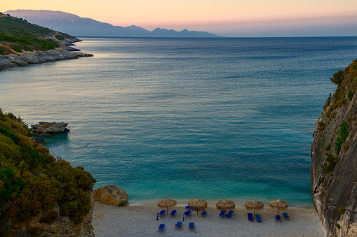 Scenic view of one of the best beaches of Zakynthos island at sunset, Greece.