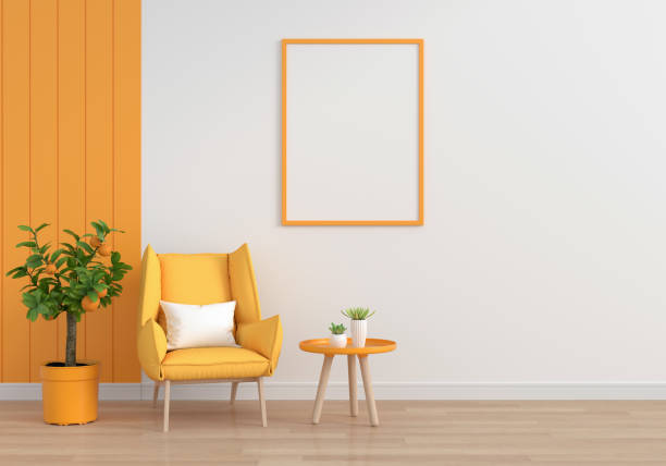istock Orange armchair in living room with frame mockup, 3D rendering 1320395409