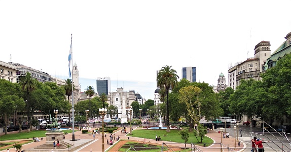 Buenos Aires, Argentina - December 08 , 2017.  Impressive Plaza de Mayo (May Square), a city square with buildings in Buenos Aires city.