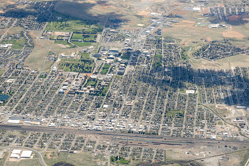 High altitude aerial view of Laramie, Wyoming, USA