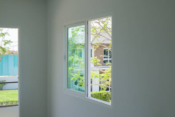 Empty room with glass window frame house interior on concrete wall