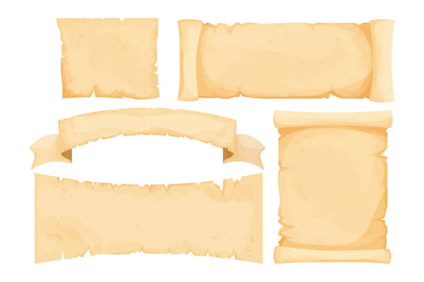 illustrations, cliparts, dessins animés et icônes de parchemin réglé, papyrus de défilement, papier blanc antique dans le modèle de dessin animé isolé sur le fond blanc. fée, élément fantastique, actifs ui. manuscrit vide texturé et détaillé. - rouleau de papier