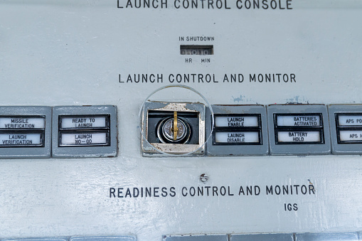 This panel contains the launch key for a missile system.  This shot was taken at a decommissioned missile silo launch site.