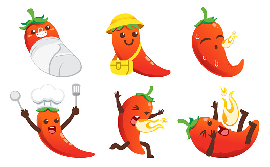 Cute chili cartoon character tasted a spicy from products in different spiciness level. Mascot for brands product concept design.