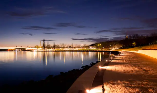 The illuminated path along the waters of Lake Burley Griffin in Canberra, Australian Capital Territory. Australia.