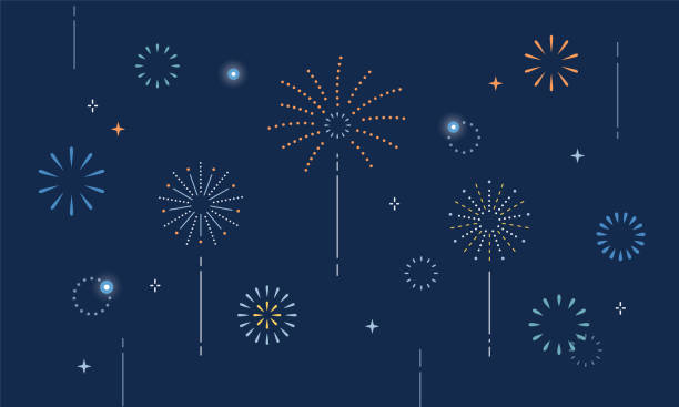 fireworks background illustration: celebration festival in the night colorful firework icons isolated on dark blue background. celebrating event, party, holiday, new year fireworks stock illustrations