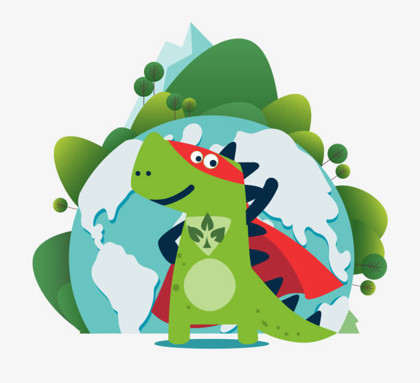 lustige dinosaurier in superhelden-kostüm. super dino. cartoon-superheld steht mit umhang winkend im wind. happy earth day vektor-illustration. umweltfreundliches ökologiekonzept - recycling green environment superhero stock-grafiken, -clipart, -cartoons und -symbole