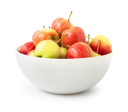 Red apples in white bowl isolated on white background, fruit healthy diet concept