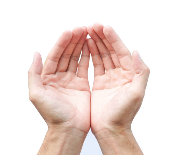 istock Man hands holding something on white background for product advertising concept 1320429390
