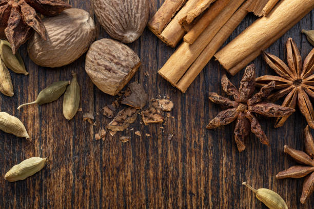 istock Set of aromatic condiments for cooking, studio frame, top view. 1320431016