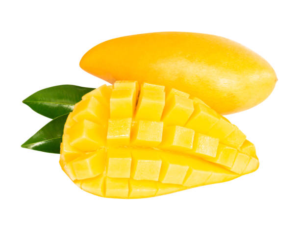 istock Closeup ripe mango tropical fruit with slice and green leaves isolated on white background 1320433888
