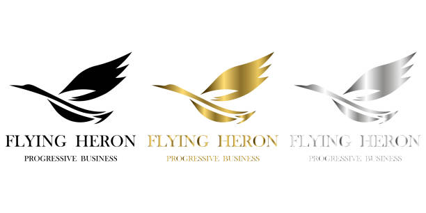 illustrations, cliparts, dessins animés et icônes de le vecteur abstrait trois couleurs argenté d’or noir d’un heron volant - wing insignia metal silver