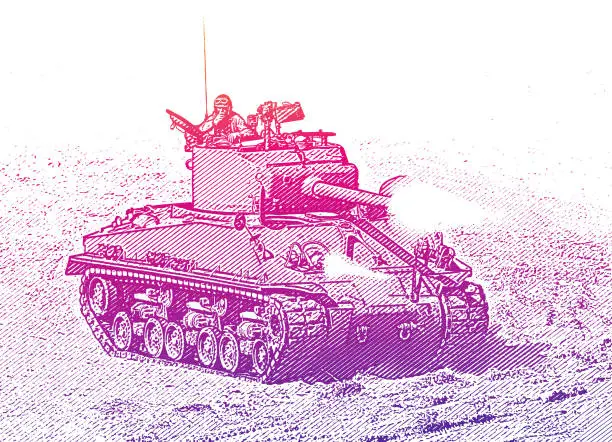 Vector illustration of WWII M4 Sherman Tank firing weapons on Omaha Beach