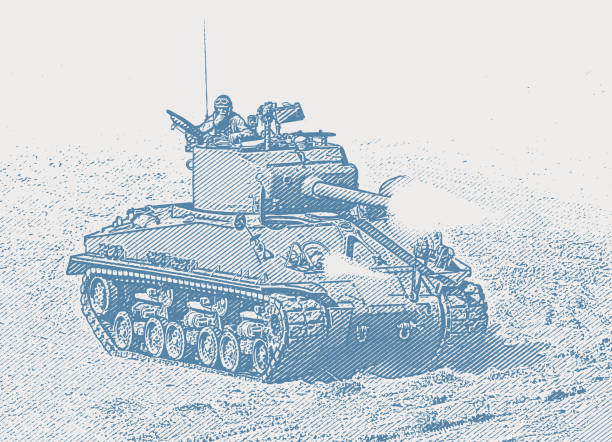 WWII M4 Sherman Tank firing weapons on Omaha Beach during Normandy Invasion