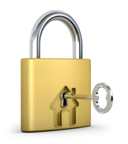 The engraved home shape on a golden lock with a key. Safety concept. 3d illustration.