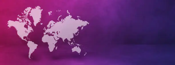 World map isolated on purple wall background. 3D illustration. Horizontal banner