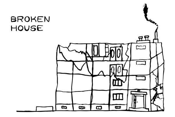 Destroyed home, broken house grange line icon Destroyed home, broken house grange line icon. Destroyed by war multistory building drawing, ruined property hand drawn vector imitation drawing of the destroyed city stock illustrations