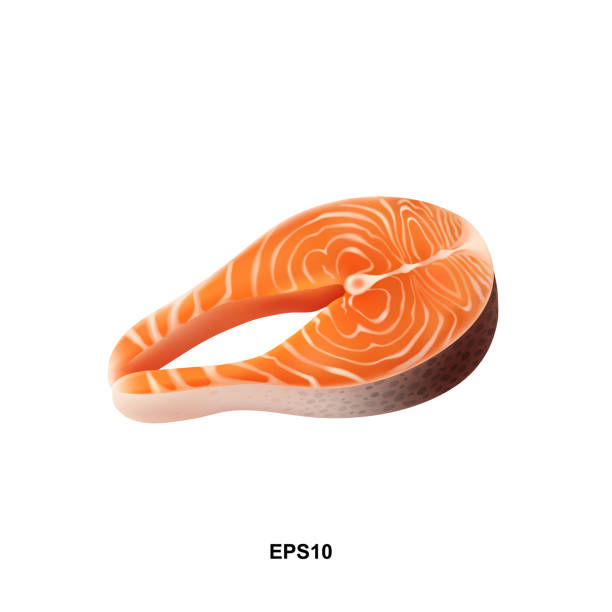 ilustraciones, imágenes clip art, dibujos animados e iconos de stock de ilustración vectorial de filete de salmón crudo. trozo grueso de pescado rojo fresco - smoked salmon illustrations