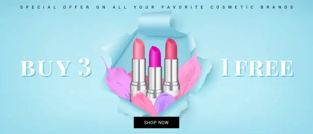 Vector illustration of Minimalistic vector sale banner with text on a torn paper background with lipsticks and lipstick strokes in it.