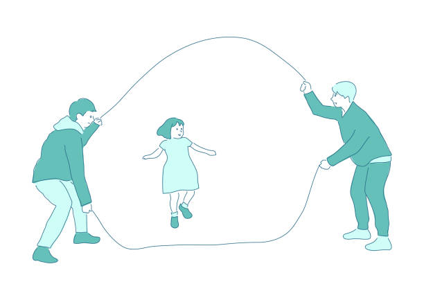 istock Illustration of a girl enjoying jump rope (double Dutch) (white background, vector, cut out) 1320444390
