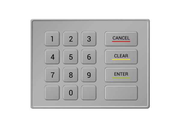 illustration einer metall-atm-tastatur mit zahlen und tasten. für sichere bargeldabhebung - vektor - numeric pad stock-grafiken, -clipart, -cartoons und -symbole