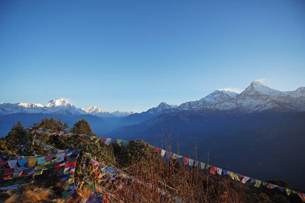 Snowy mountain view of Ghorepani Poon hill and colorful payer flags, Annapurna Himalayan range Natural landscape of snowcapped hill range with cloudy blue sky- Nepal annapurna circuit photos stock pictures, royalty-free photos & images