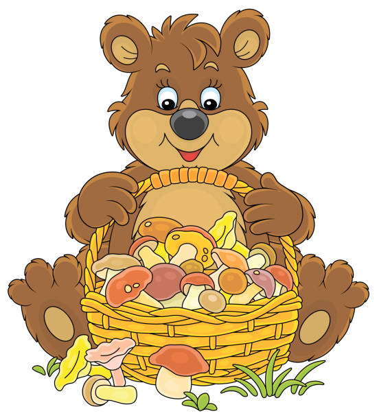 istock Brown bear with a basket of mushrooms 1320445936