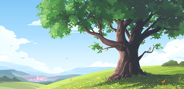 Vector illustration of a beautiful rural landscape in summer or spring with a big old tree on a hill in the foreground, and green meadows, mountains, a small village or town, and a blue cloudy sky in the background. Illustration with space for text.