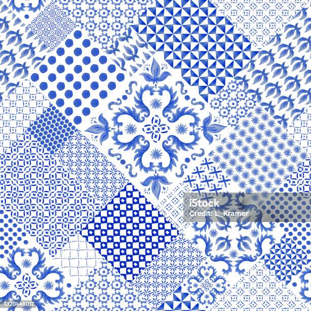 Patchwork Bunga Seamless Diagonal Patchwork Pattern Cat Air Digambar Ubin Mosaik Biru ...