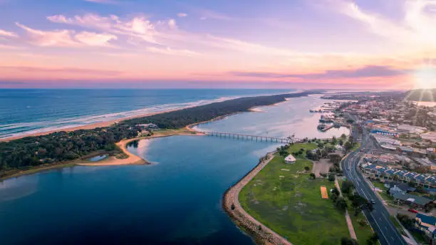 Aerial view of Lakes Entrance in the Gippsland Lakes Victoria at sunset