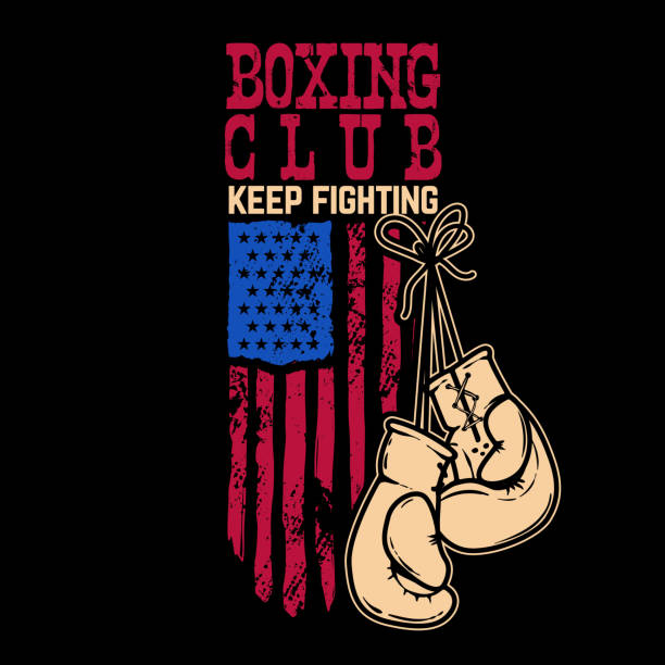 boxclub. boxhandschuhe auf amerikanischem flaggenhintergrund. design-element für poster, karte, t-shirt-druck, banner. vektor-illustration - boxing glove boxing glove symbol stock-grafiken, -clipart, -cartoons und -symbole