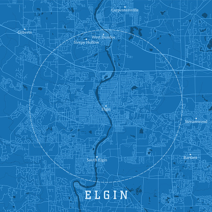 Elgin IL City Vector Road Map Blue Text. All source data is in the public domain. U.S. Census Bureau Census Tiger. Used Layers: areawater, linearwater, roads.
