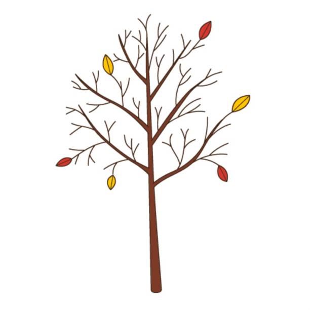 쓰러진 잎이 있는 벌거벗은 나무. 윤곽이 있는 식물, 식물 설계 요소. 낙서, 손으로 그린. 플랫 디자인. 색상 벡터 그림입니다. 흰색 배경에 격리. - falling tree leaf autumn stock illustrations
