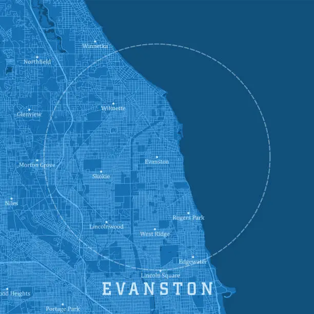 Vector illustration of Evanston IL City Vector Road Map Blue Text