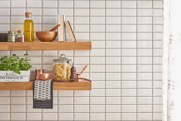 istock modern home kitchen product concept and wooden shelf 1320453450