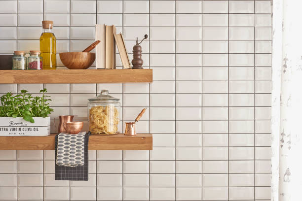 istock modern home kitchen product concept and wooden shelf 1320454008