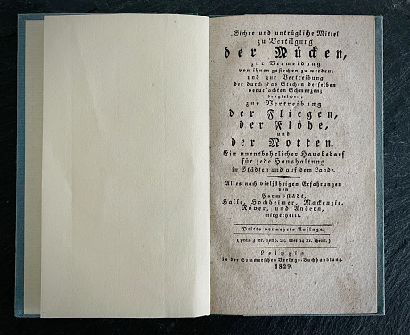 Vintage book of 1829: safe and unmistakable means of exterminating mosquitoes, german language