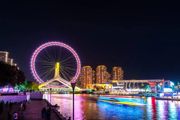 Outdoor night view of Tianjin eye along Haihe River