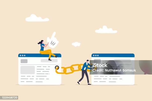 Add Back Link To Website In Increase Quality Score In Seo Search Engine Optimization Concept People Digital Team Attach Chain Link To Websites Browser For Seo Optimization Stock Illustration - Download Image Now