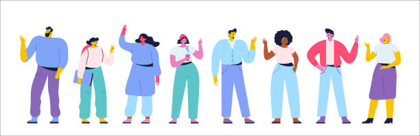 Diverse men and women in casual clothes say hello Male, female multicultural People greeting gesture. Diverse men and women in casual clothes say hello. Caucasian, african, chenese people flat vector characters isolated on white pics of the man waving stock illustrations