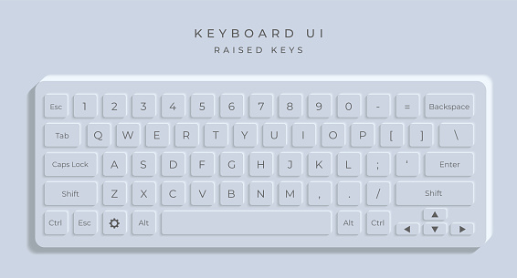 Keyboard User Interface with Raised Keys in Modern and Clean Skeuomorphism or Neumorphism UI / UX Style in Light Mode for Mobile App or Laptop Website Design