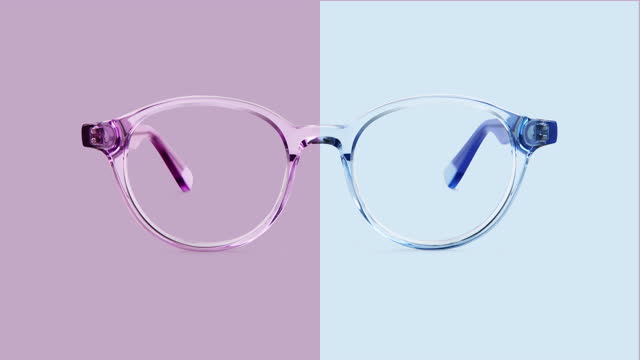 Colorful eye glasses mix isolated on colored background, ideal stop motion for advertising display or a web banner