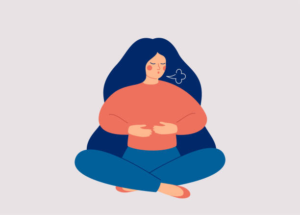 ilustrações de stock, clip art, desenhos animados e ícones de woman makes breathing exercise. girl sits on the floor in pose lotus and makes a exhale. recovery respiratory system after illness. - mulheres ilustrações