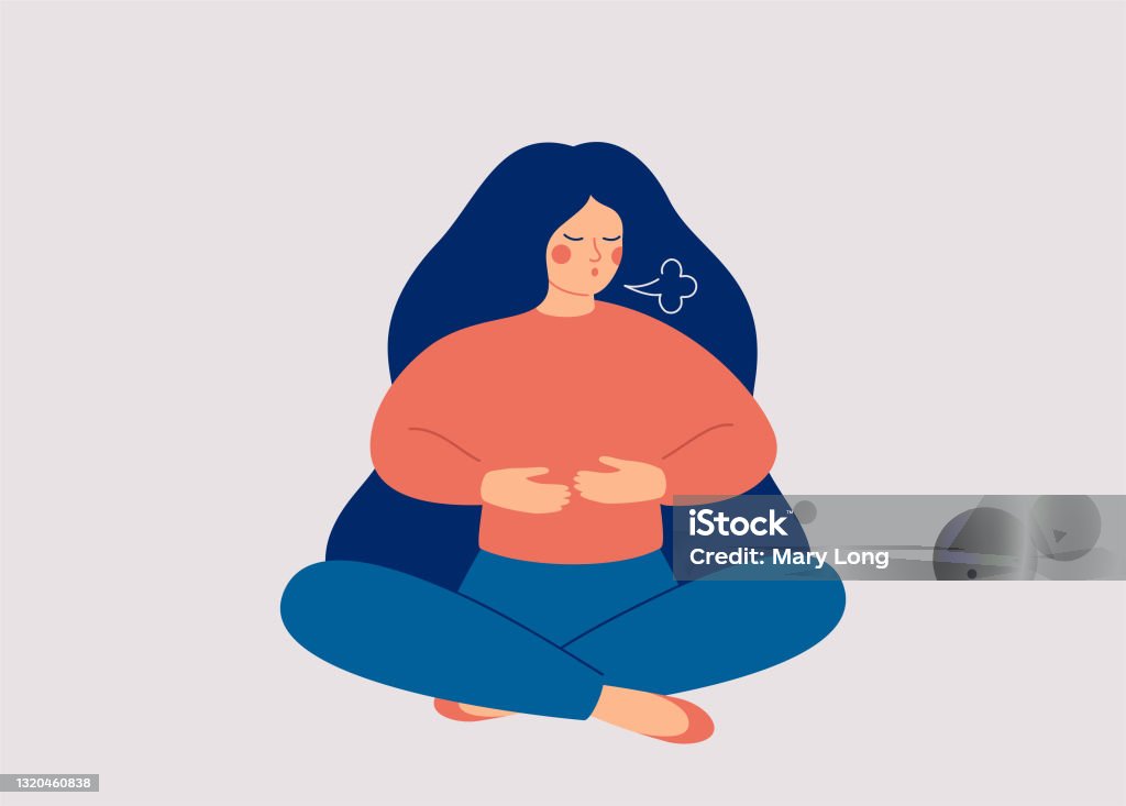 Woman makes Breathing exercise. Girl sits on the floor in pose lotus and makes a exhale. Recovery Respiratory system after illness. Woman makes Breathing exercise. Girl sits on the floor in pose lotus and makes a exhale. Recovery Respiratory system after illness. Health and wellbeing concept. Breathing Exercise stock vector