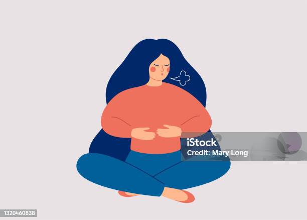 Woman Makes Breathing Exercise Girl Sits On The Floor In Pose Lotus And Makes A Exhale Recovery Respiratory System After Illness Stock Illustration - Download Image Now