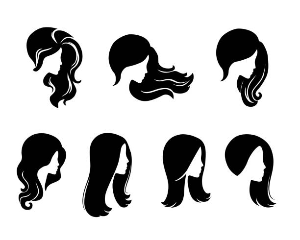 ilustraciones, imágenes clip art, dibujos animados e iconos de stock de conjunto de icono de pelo largo mujer para salón de belleza - cabello largo
