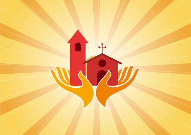 ilustrações de stock, clip art, desenhos animados e ícones de hands welcome a church with steeple and ceiling rose. donate, financially support one's religion. vector illustration - church greeting welcome sign sign