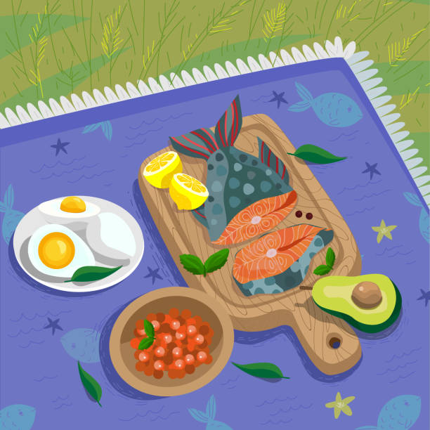 Fish outdoor picnic with keto diet products Picnic with keto snack foods outdoor with salmon fish on the wooden cutting board, avocado, eggs and berries on the picnic blanket. Vector illustration in a cartoon style atkins diet stock illustrations